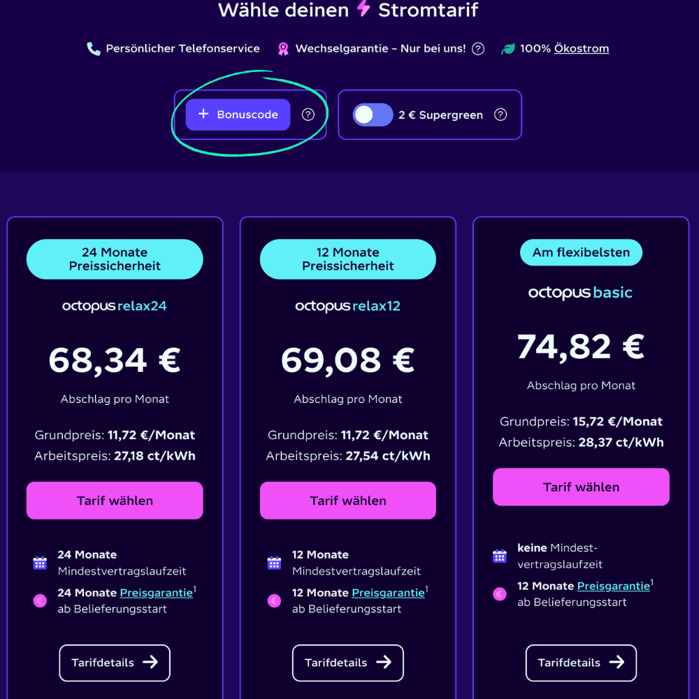 Preisvergleichstabelle für Stromtarife mit drei Optionen: octopus relax24, octopus relax12 und octopus basic, einschließlich Kosten und Leistungsmerkmalen.