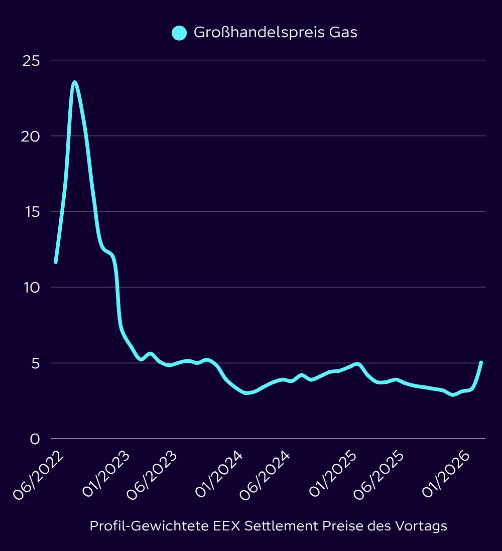 Graph der den Verlauf des Großhandelspreis von Gas in den letzten Jahren darstellt