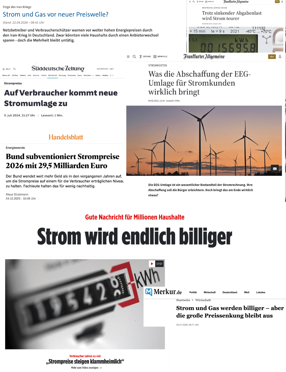 Verschiedene Headlines darüber, dass Strom billiger wird werden in einer Collage dargestellt.