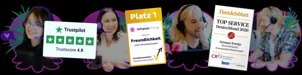 Collage aus Personen mit Kopfhörern, einer Trustpilot-Bewertung und verschiedenen Auszeichnungsplaketten, die auf hervorragenden Kundenservice und Anerkennung hinweisen.