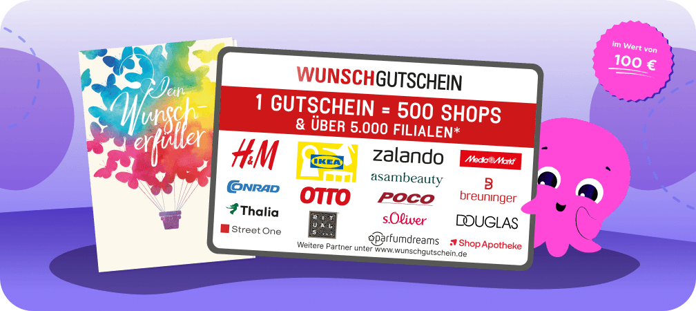 Werbung für eine Geschenkkarte mit verschiedenen Ladenlogos wie H&M und IKEA. Der Text hebt den Wert von 100 € und den Zugang zu 500 Geschäften hervor. Mit einer rosa Oktopus-Grafik.