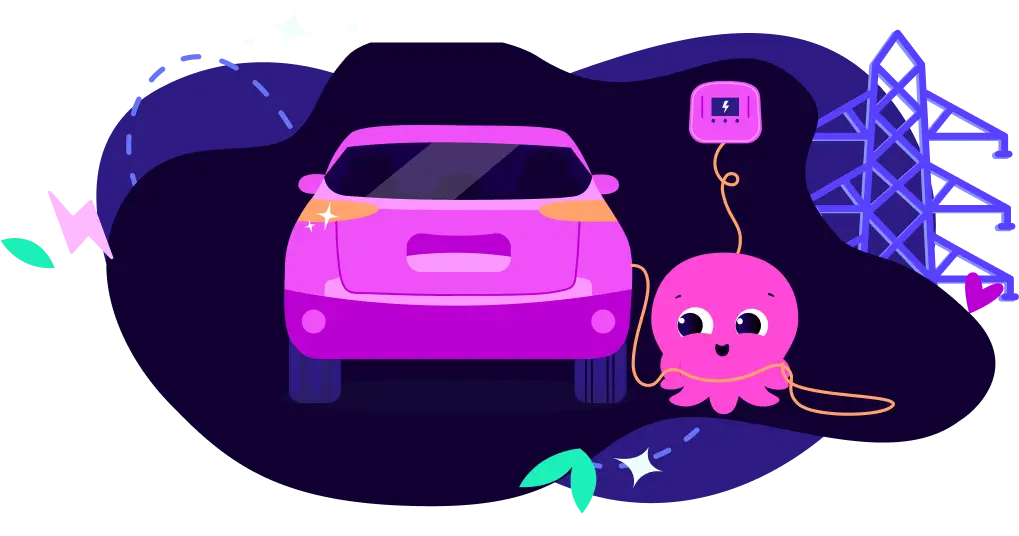 Ein rosa Comic-Oktopus lädt ein Elektroauto auf, vor einem dunklen Hintergrund mit Stromleitungen und abstrakten Formen.