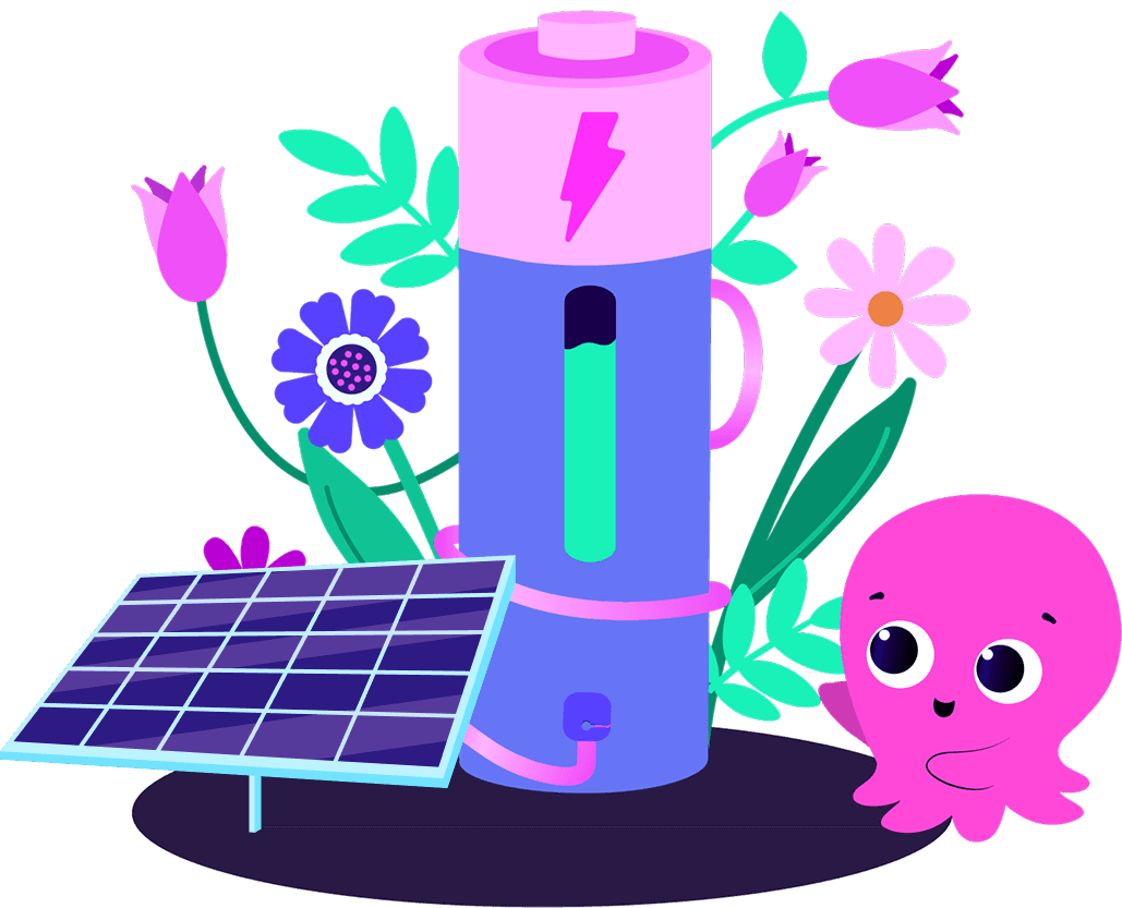 Ein pinker Octopus steht neben einer Batterie und einer Solaranlage