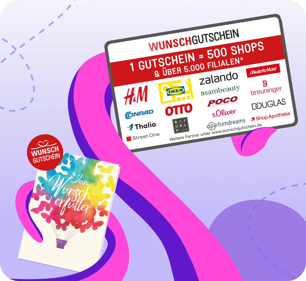 Geschenkkarte mit Logos von Geschäften wie H&M, IKEA und Zalando; eine rosa Hand, die eine bunte Karte mit einem Heißluftballon und Schmetterlingen hält.
