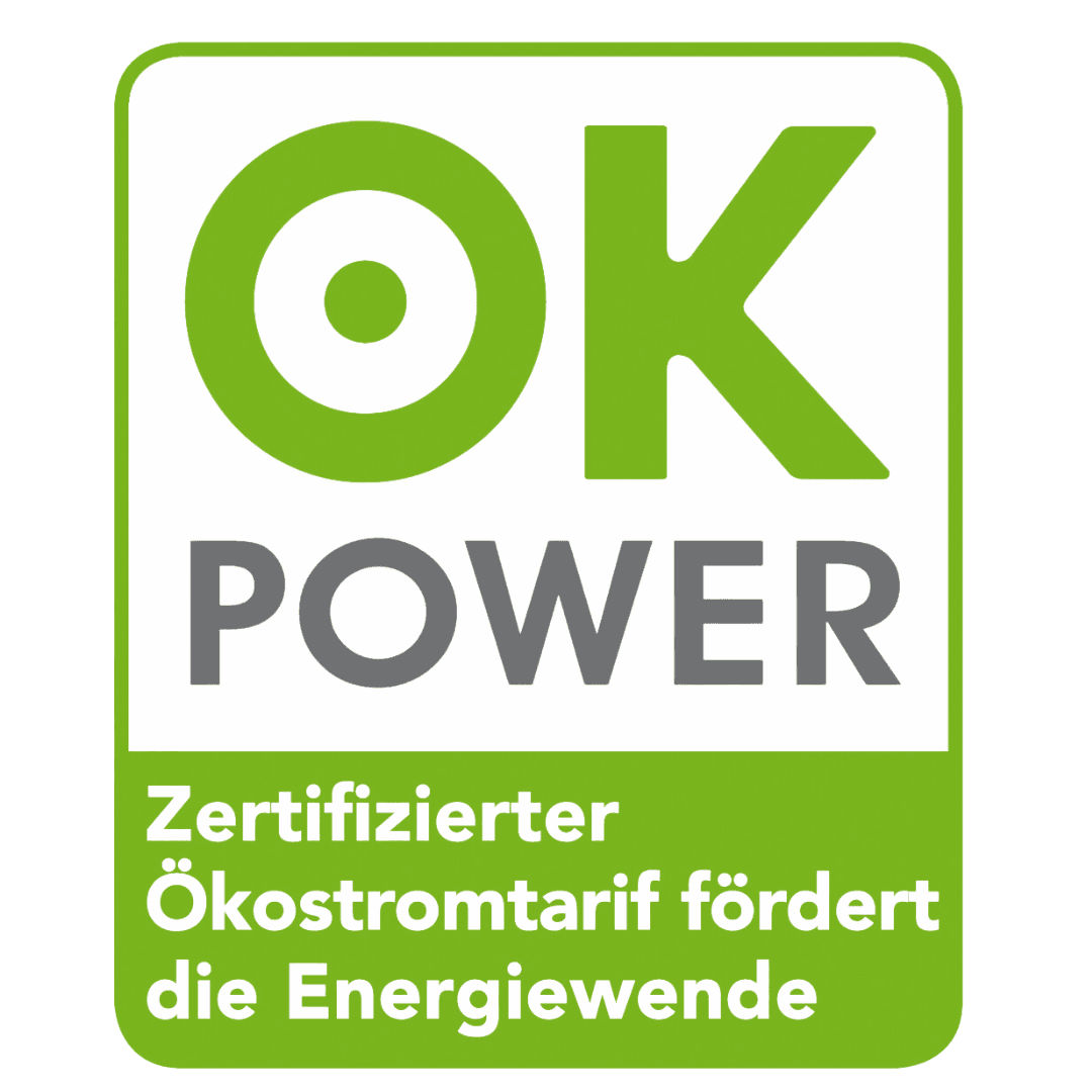 OK Power zertifizierter Ökostromtarif fördert die Energiewende - Siegel