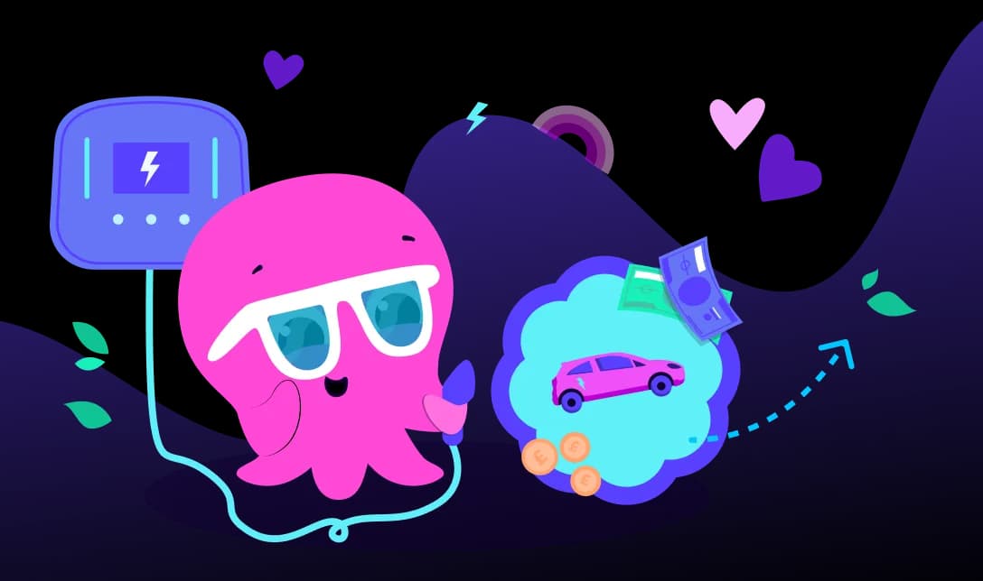 Ein rosa Oktopus mit Sonnenbrille stellt sich ein Auto, Geld und Münzen vor, daneben liegt ein Ladegerät; das Ganze vor einem violetten Hintergrund mit Herzen.