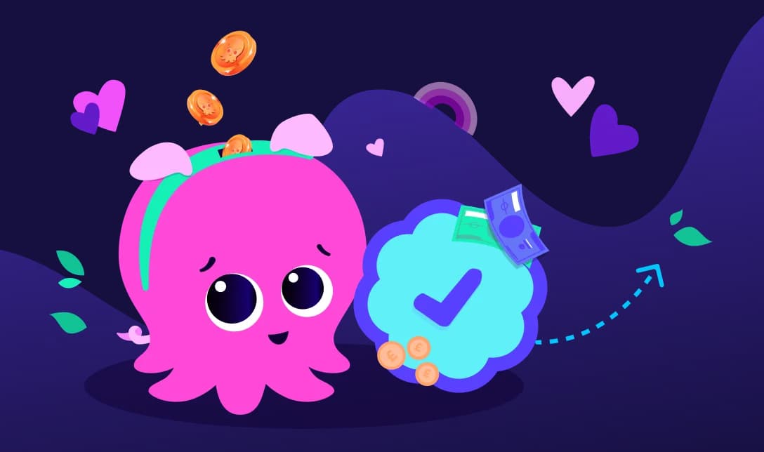 Ein niedlicher rosa Oktopus mit einem Spardöschen mit der Aufschrift „THG-Prämie“ vor einem dunkelvioletten Hintergrund mit Herzen und Blitzsymbolen.