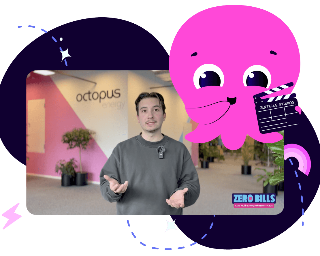 Eine Person steht in einem Büro mit dem „Octopus Energy“-Logo, im Hintergrund sind Pflanzen zu sehen. Ein großer rosa Oktopus ziert das Bild zusammen mit Grafiken im Filmstil.