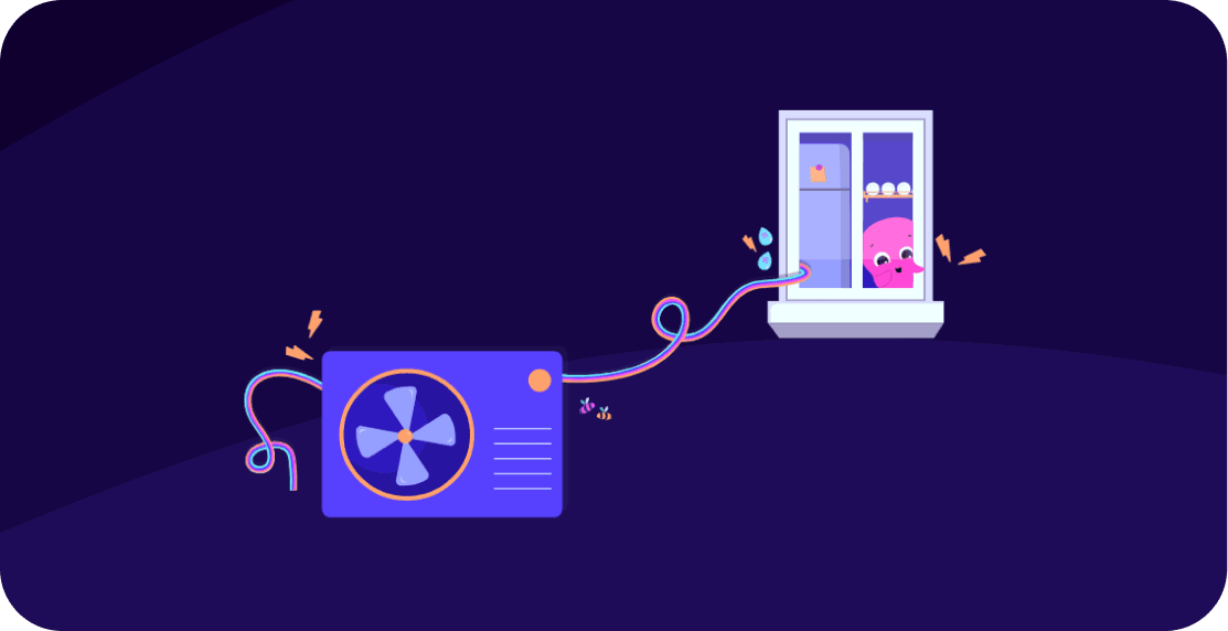 Ein pinker Oktopus schaut glücklich aus dem Fenster auf eine Wärmepumpe