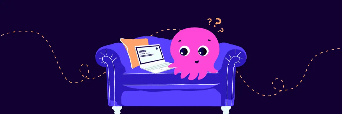 A cute pink octopus with question marks sits on a blue sofa, looking at a laptop with an orange pillow beside it, on a dark background.