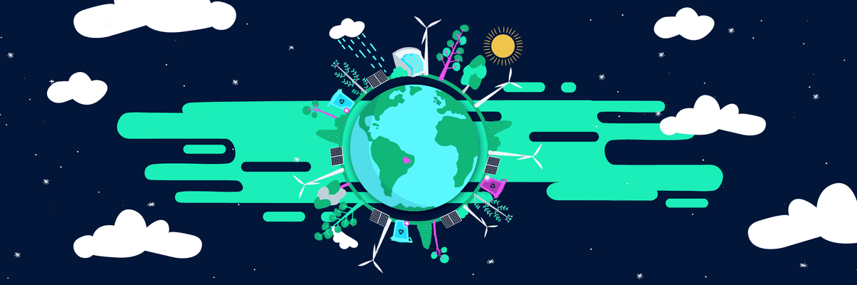 Eine Erdkugel mit Bäumen, Windrädern und Häusern darauf