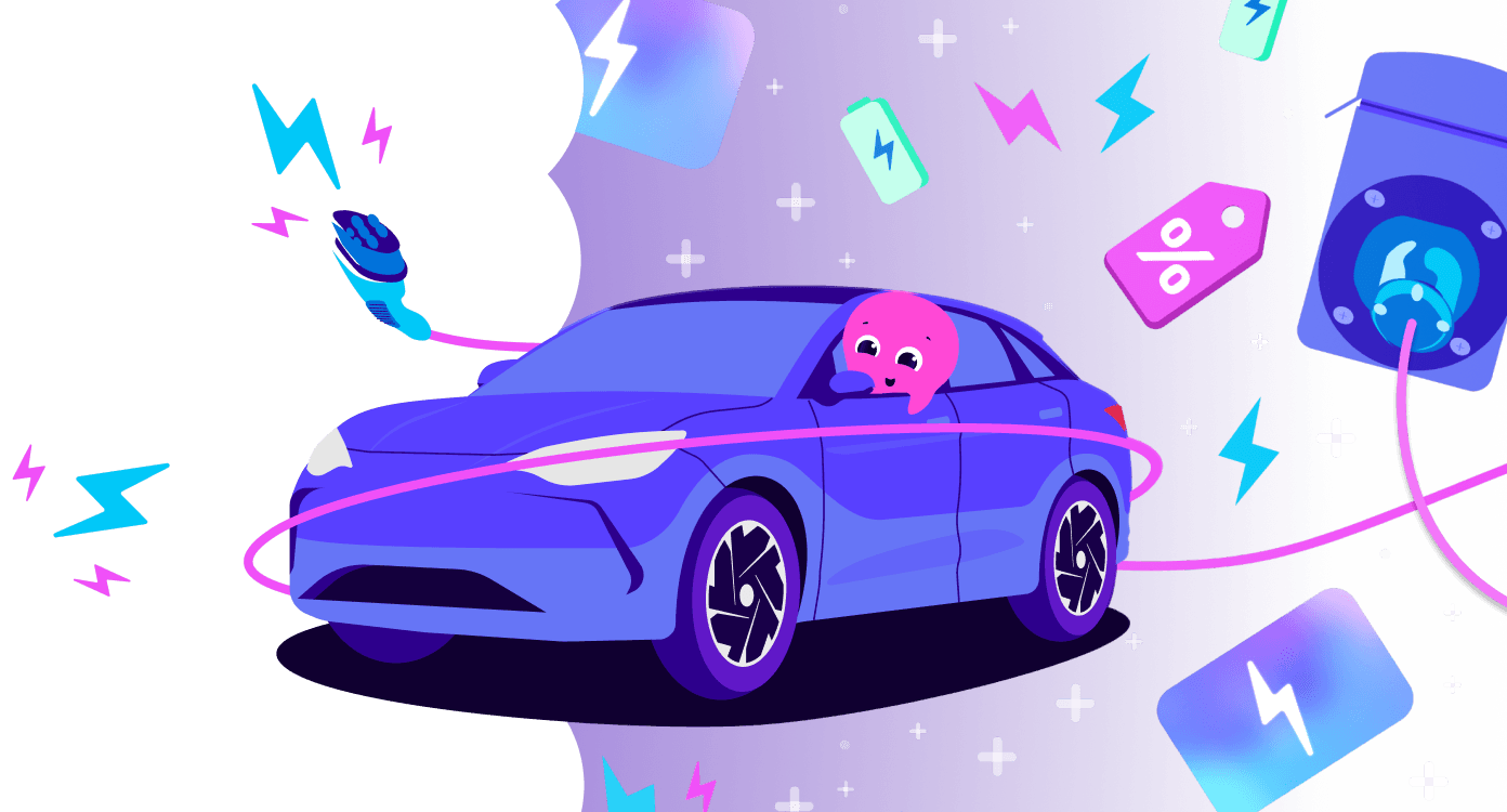 Elektroauto mit einer lächelnden rosa Figur im Inneren, umgeben von bunten Symbolen und einer Ladestation, vor einem violetten Hintergrund mit Farbverlauf.