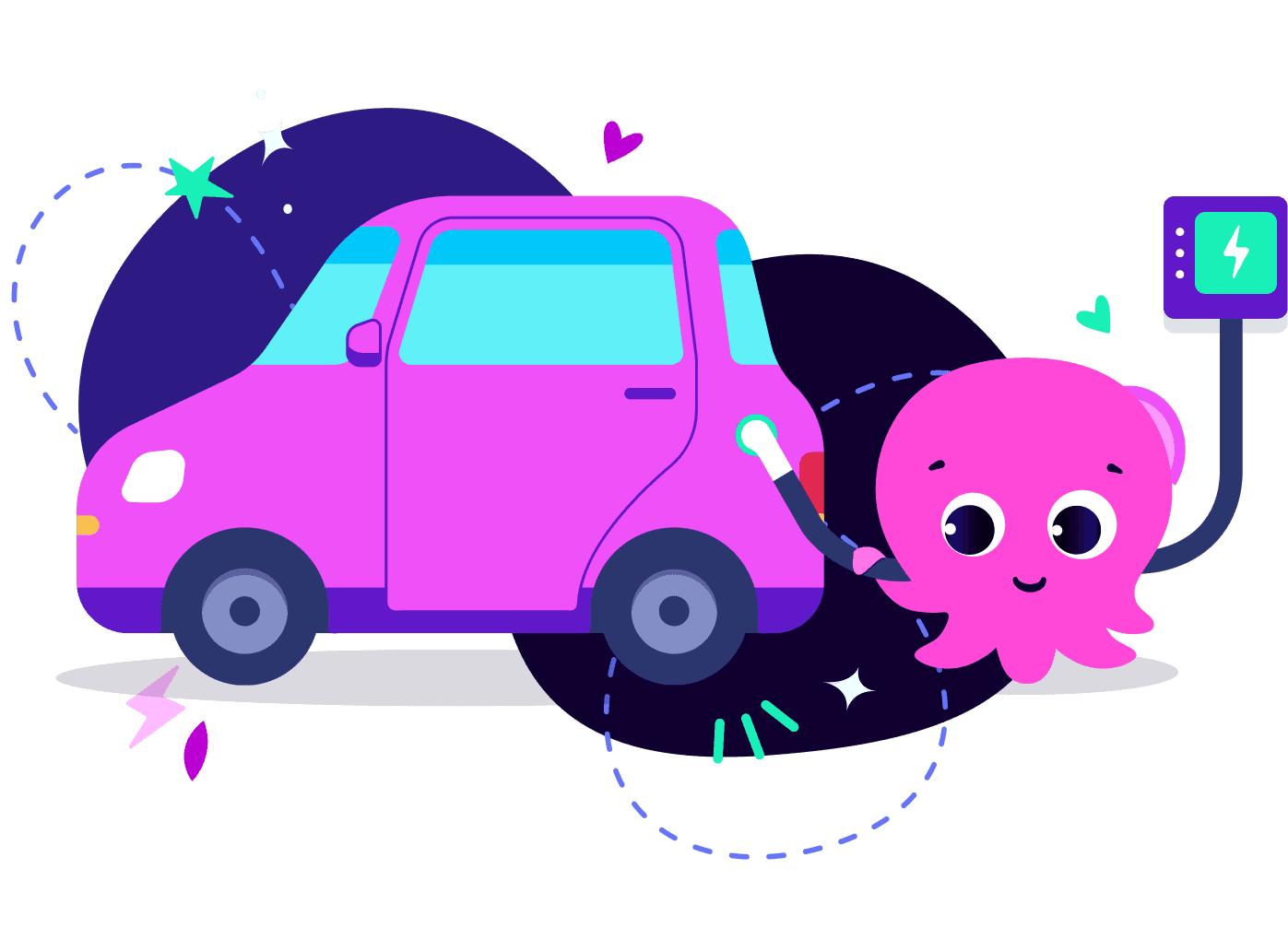 A pink cartoon octopus charges a purple electric car with a smiling face, surrounded by stars and hearts.