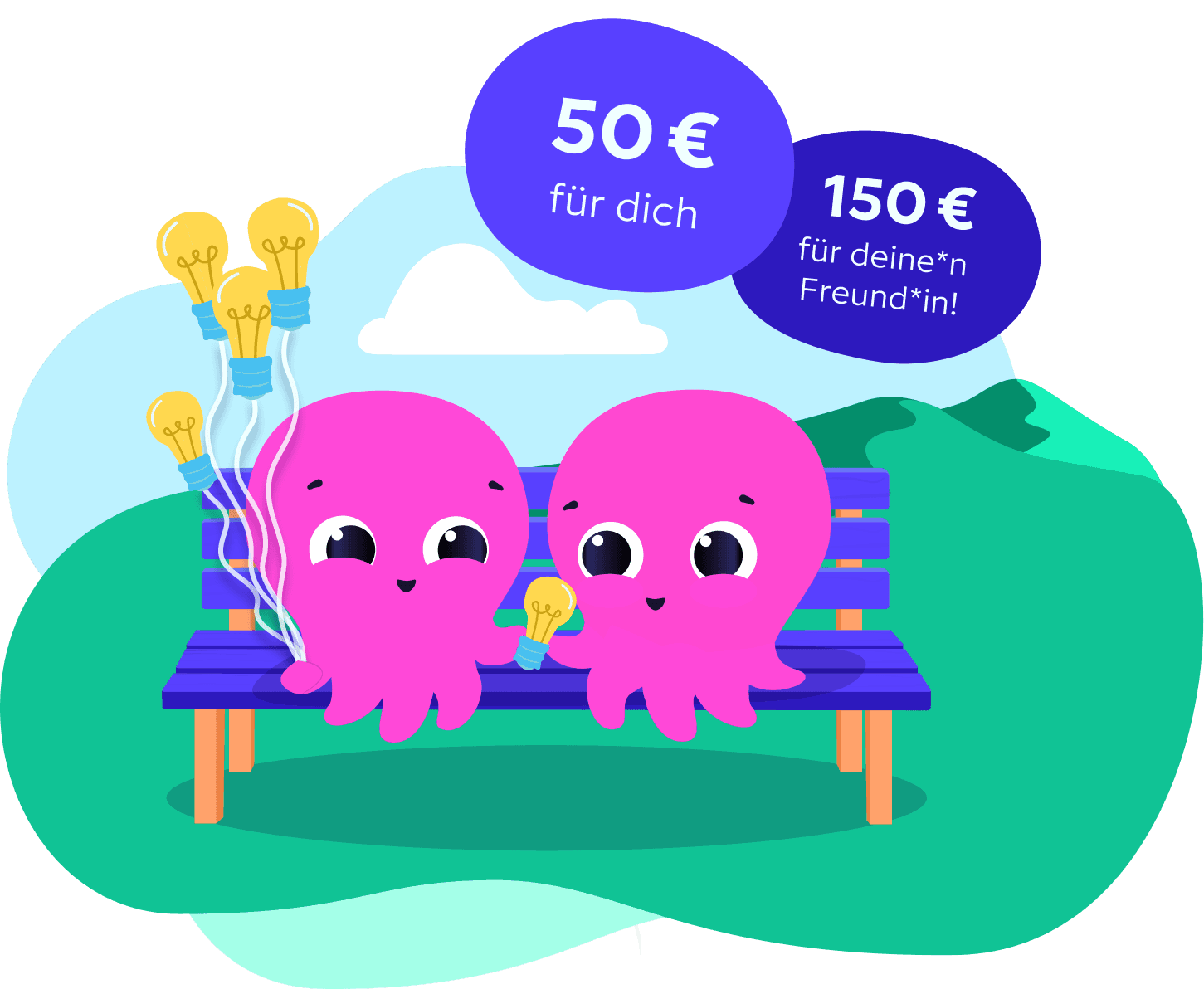 Zwei pinke Oktopoden sitzen auf einer Bank. Über ihnen schweben zwei Buttons, auf denen steht 50€ für dich, 150€ für dein*n Freund*in