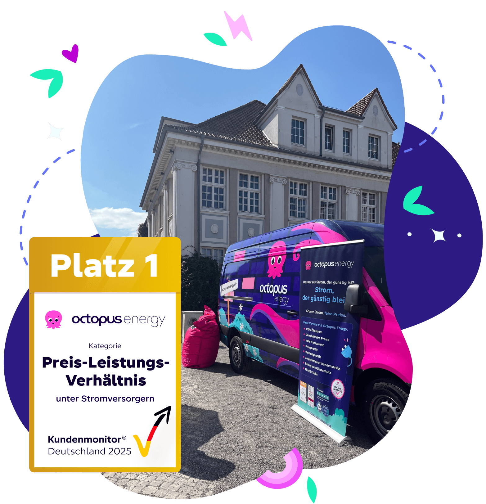Bild von einem Octopus Van vom Rathaus und einem Siegel für Preis-Leistungs-Verhältnis unter Stromversorgern aus dem Kundenmonitor