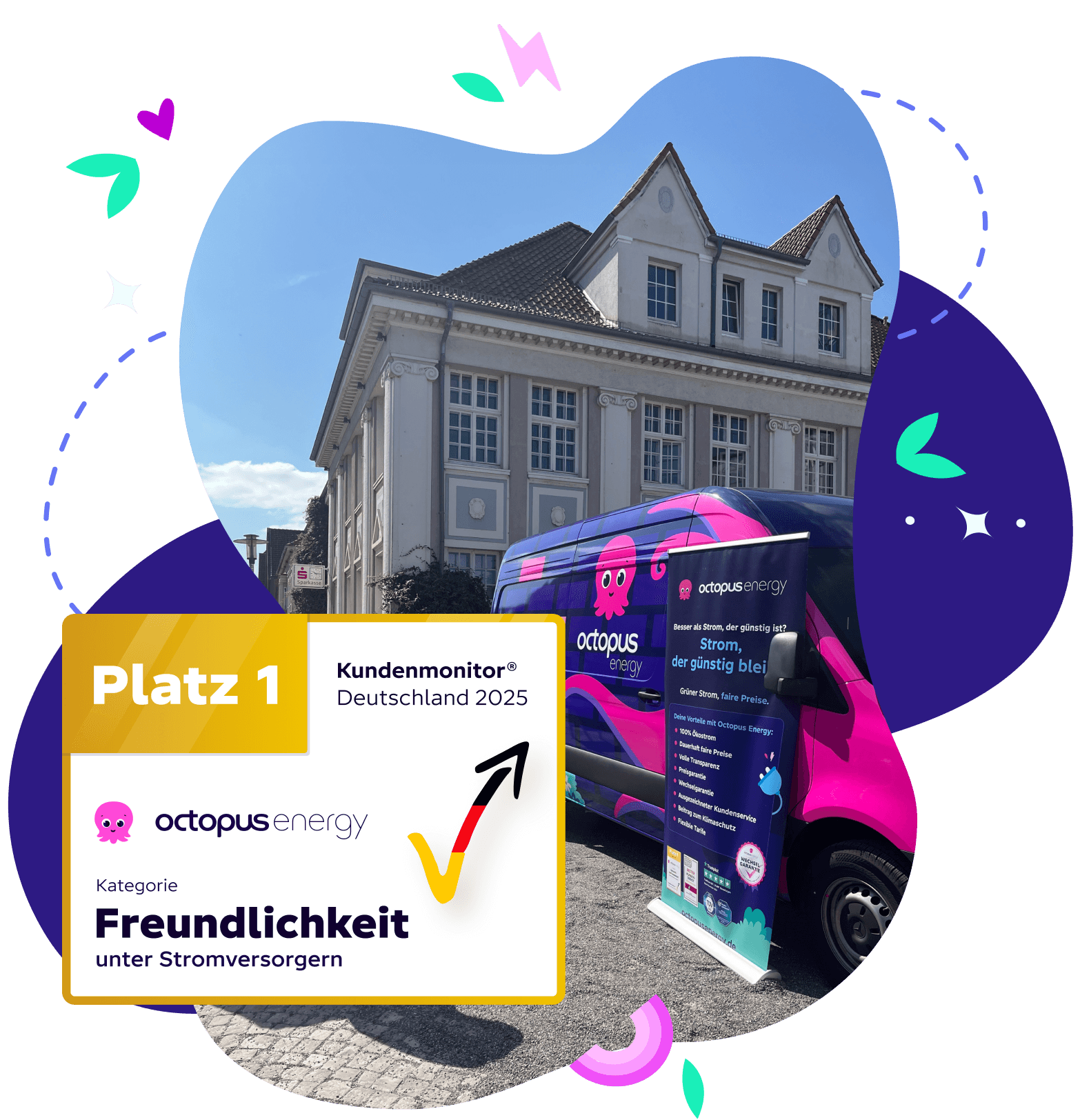 Bild von einem Octopus Van vom Rathaus und einem Siegel für Freundlichkeit unter Stromversorgern aus dem Kundenmonitor