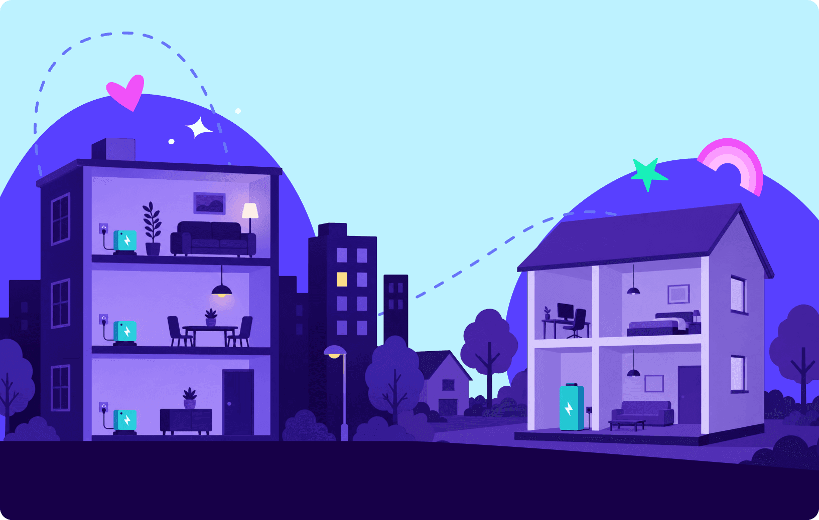Illustration of urban and suburban homes with electricity symbols, plants, and abstract decorations in a night setting.