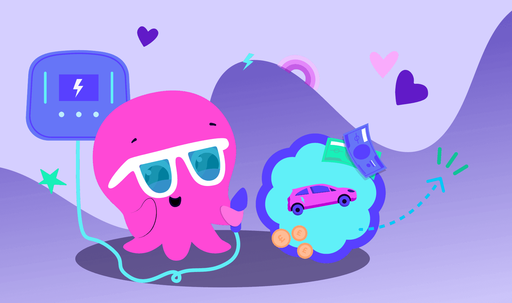 A cheerful pink octopus with sunglasses holds a cable, dreaming of a pink car surrounded by coins and bills in a whimsical, colorful scene.