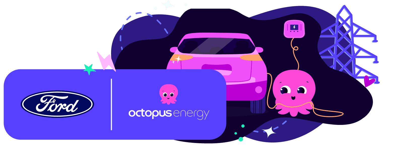 Illustration eines pinken Elektroautos beim Laden mit einem niedlichen Oktopus. Darunter sind die Logos von Ford und Octopus Energy zu sehen.