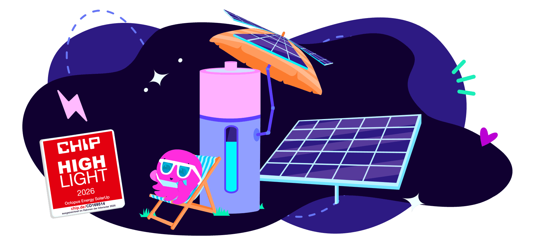 Ein Cartoon-Oktopus entspannt mit Sonnenbrille auf einem Liegestuhl neben einem Solarpanel unter einem solarbetriebenen Sonnenschirm. Das „CHIP Highlight 2026“-Siegel ist sichtbar