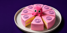 Ein rosa Kuchen mit Smileys und einem rosa Plüsch-Oktopus darauf, angerichtet auf einem weißen Teller vor einem dunkelvioletten Hintergrund.