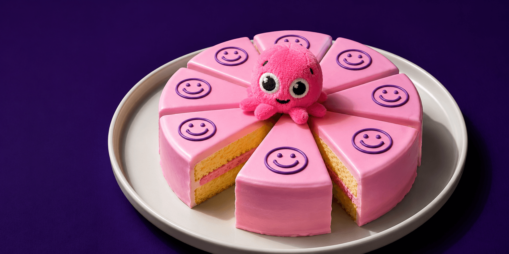 Ein rosa Kuchen mit Smileys und einem rosa Plüsch-Oktopus darauf, angerichtet auf einem weißen Teller vor einem dunkelvioletten Hintergrund.