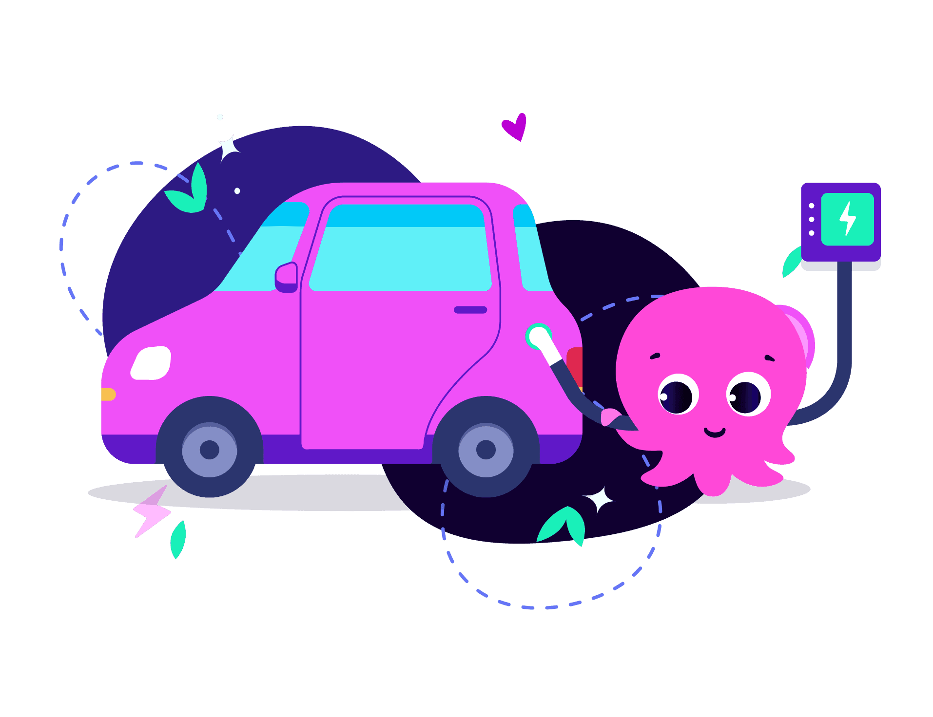 Ein pinker Oktopus lädt ein E-Auto
