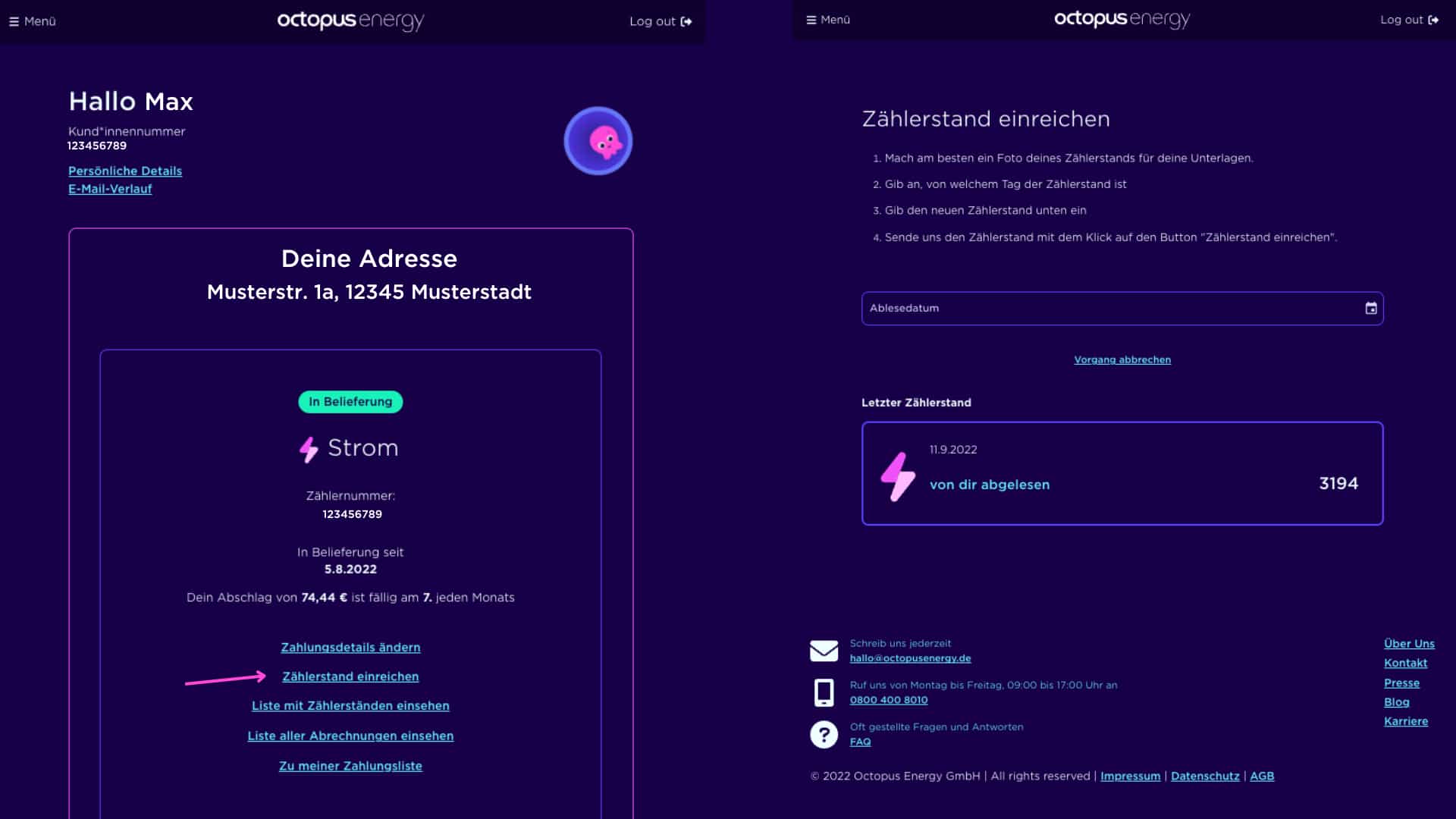 Dashboard Ansicht Zählerstand eintragen