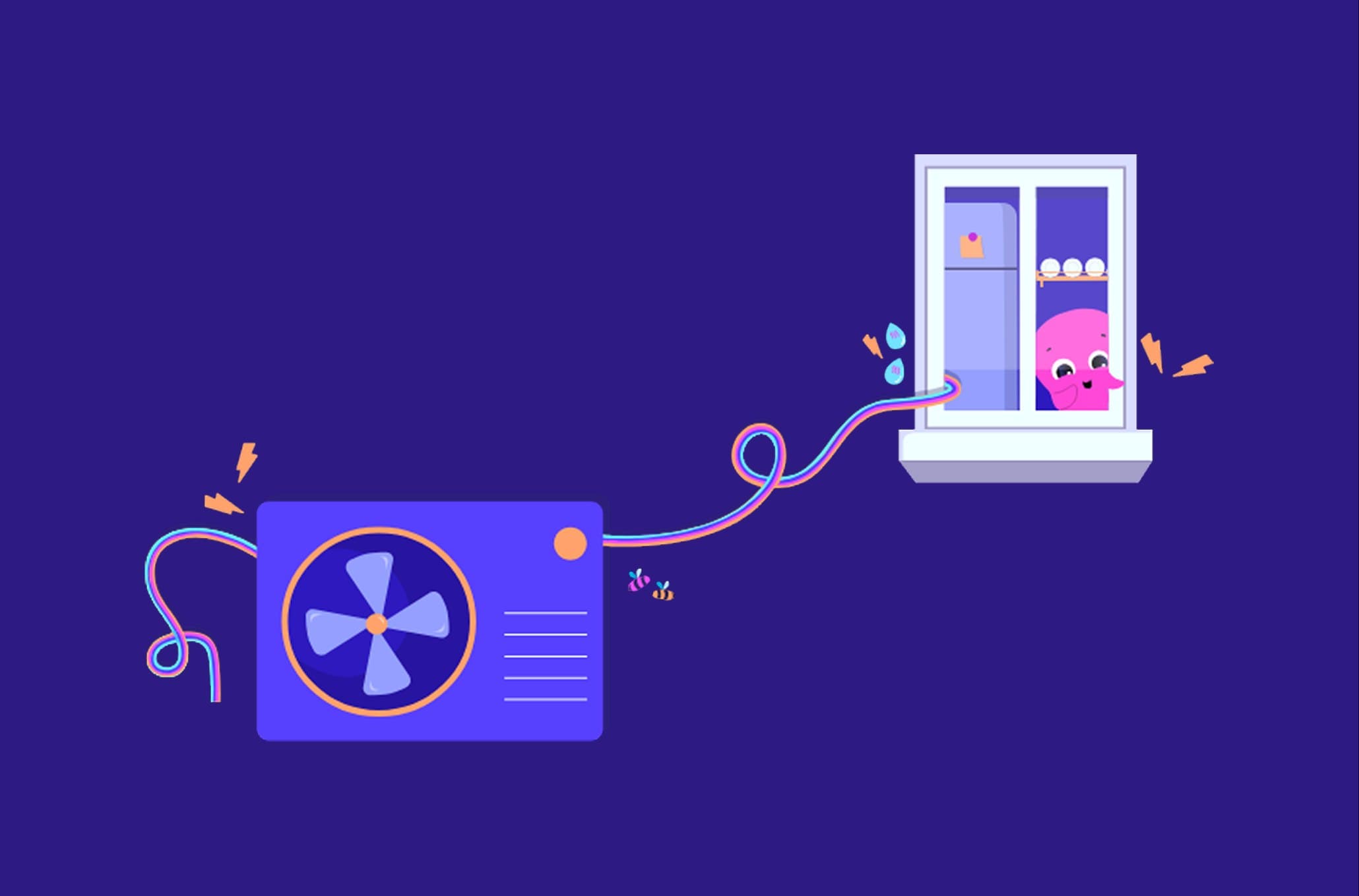 Oktopus Constantine schaut glücklich aus dem Fenster auf eine Wärmepumpe