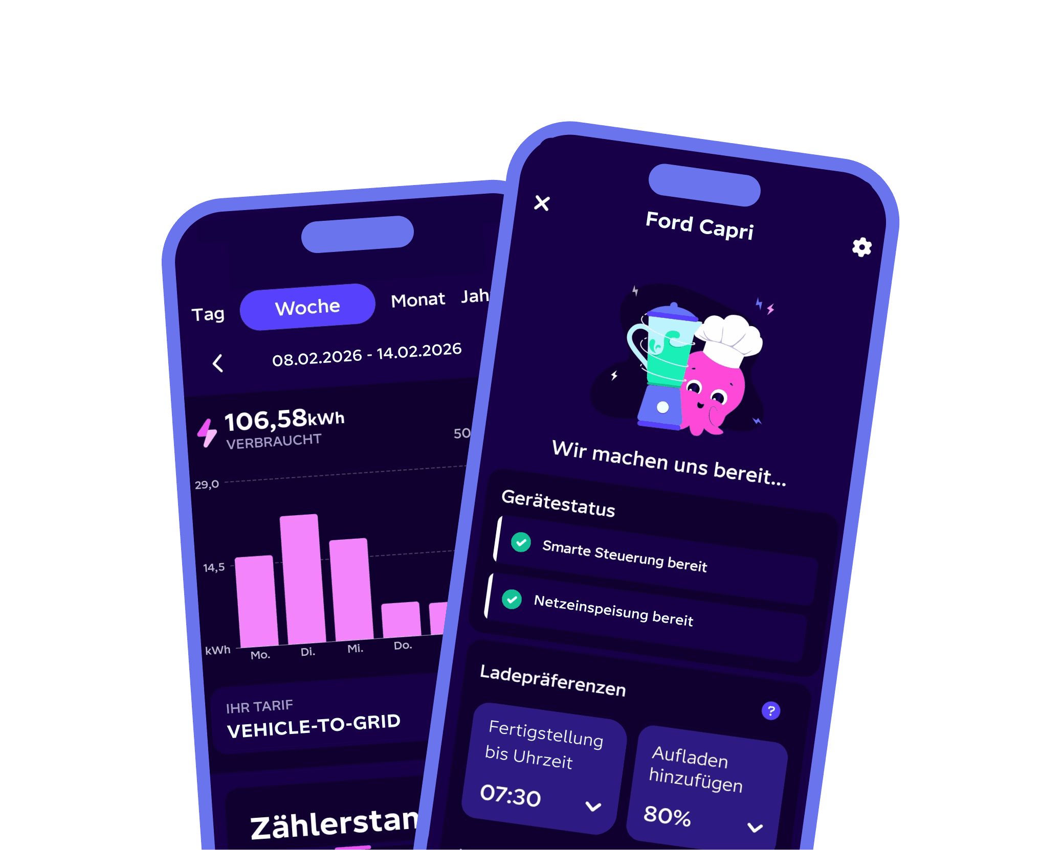 Vehicle to Grid Appscreen mit Verbrauch und Gerätestatus Auswahl