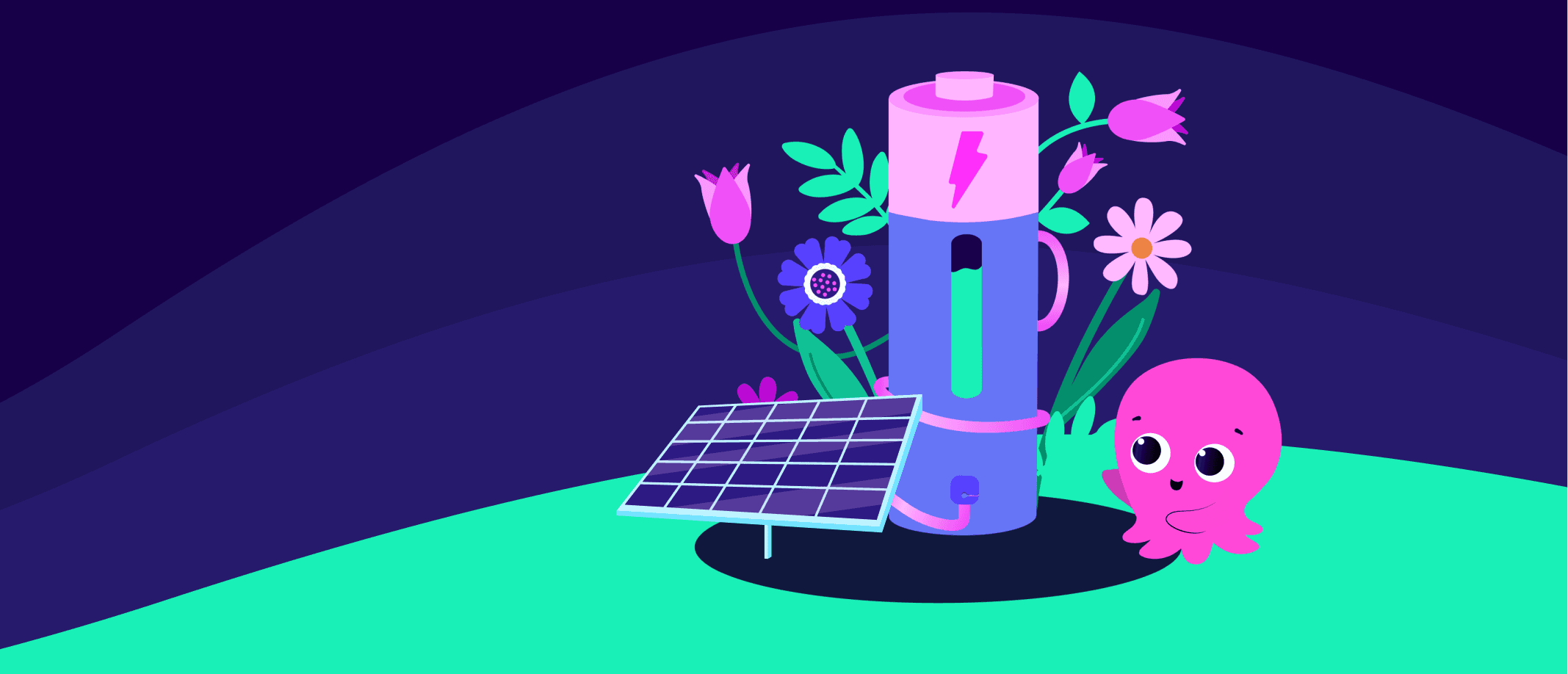 Ein pinker Octopus steht neben einer Batterie und einer Solaranlage