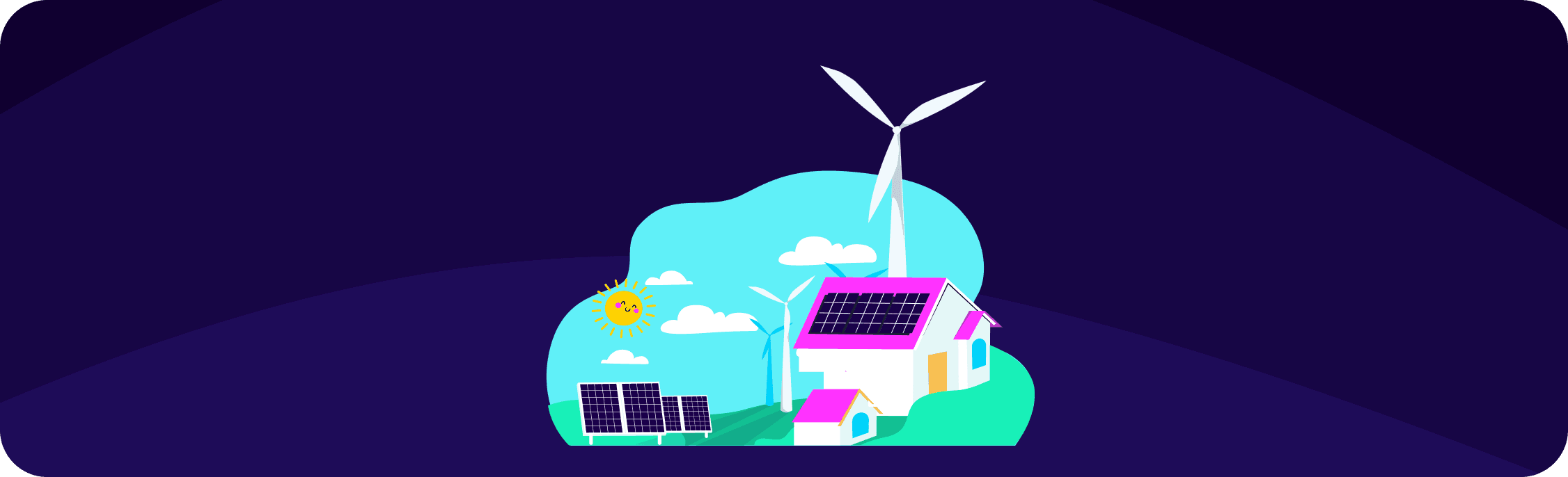 Illustration eines Hauses mit Sonnenkollektoren und einer Windkraftanlage unter einem sonnigen Himmel mit Wolken und einer lächelnden Sonne vor einem dunkelvioletten Hintergrund.