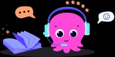 Ein niedlicher rosa Oktopus mit Kopfhörern sitzt an einem Tisch mit einem aufgeschlagenen Buch, umgeben von bunten Formen und einem Smiley-Symbol.