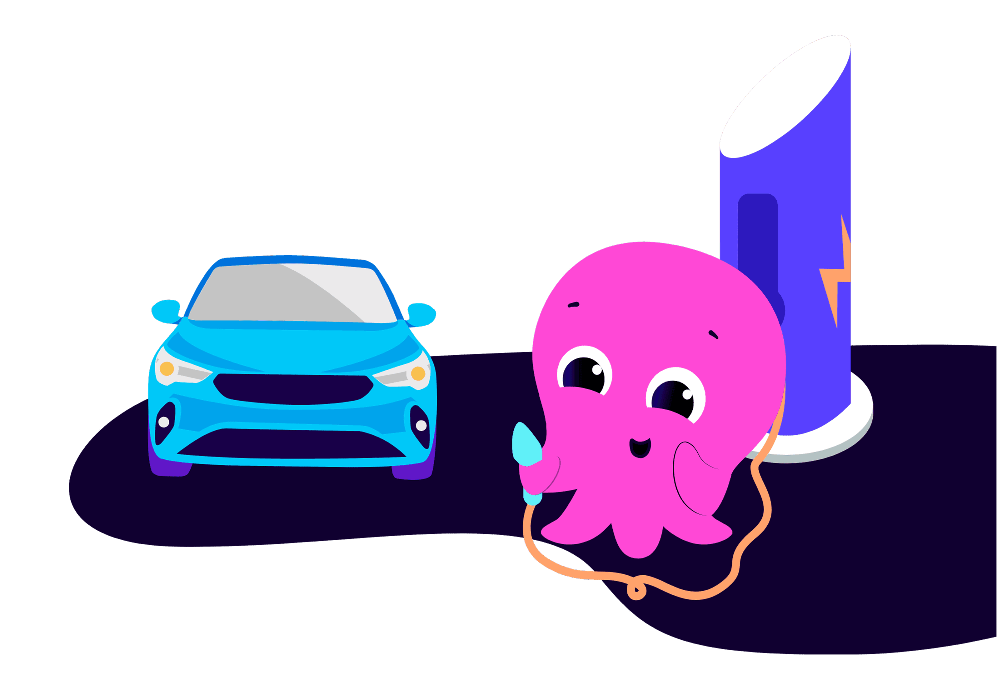 Cute pink octopus holding a charging plug near a blue car and a charging station.