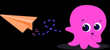 Ein pinker Octopus mit einem Papierflieger