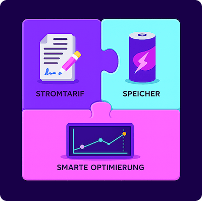 Puzzleteile mit Symbolen: ein Dokument mit der Aufschrift „Stromtarif“, eine Batterie mit der Aufschrift „Speicher“ und eine Grafik mit der Aufschrift „Smarte Optimierung“