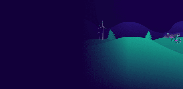 Futuristic landscape with wind turbine, solar panels, and trees on rolling hills under a dark sky.
