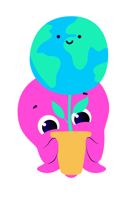 Unser Maskottchen Consti mit einer Erdkugel-Pflanze