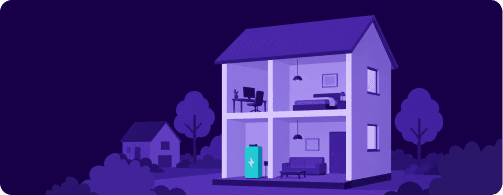 Abbildung eines zweistöckigen Hauses mit einem Batteriesymbol, das die Energiespeicherung darstellt. Im Inneren befinden sich ein Arbeitszimmer, ein Schlafzimmer und ein Wohnzimmer.