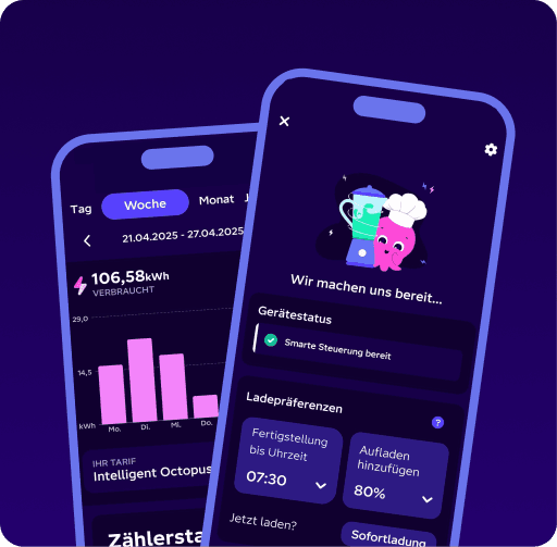Intelligent Octopus App Demoscreen mit Verbrauchs- und Geräteansicht