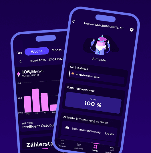 Intelligent Octopus App Demoscreen mit Verbrauchs- und Geräteansicht