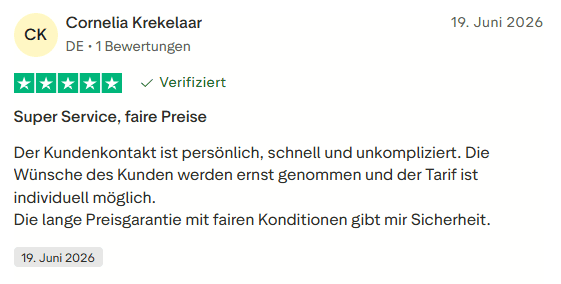 Bewertung von Cornelia Krekelaar vom 19. Juni 2026, in der sie den hervorragenden Service und die fairen Preise lobt und dabei den persönlichen und unkomplizierten Kundenkontakt hervorhebt.
