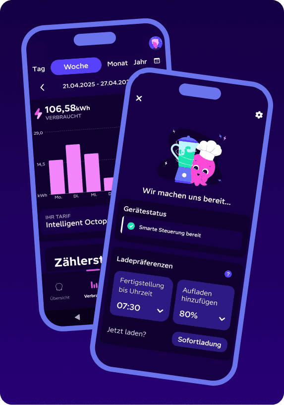 Intelligent Octopus App Demoscreen mit Verbrauchs- und Geräteansicht