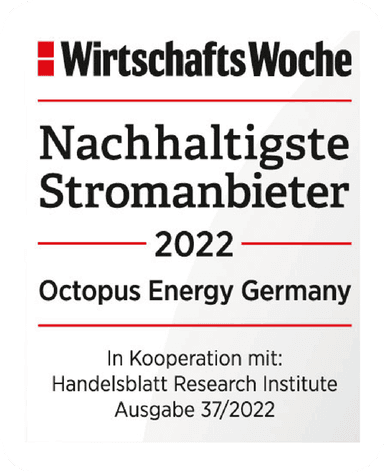 Siegelauszeichnung der Wirtschaftswoche zum Nachhaltigsten Stromanbieter 2022 für Octopus Energy Germany 