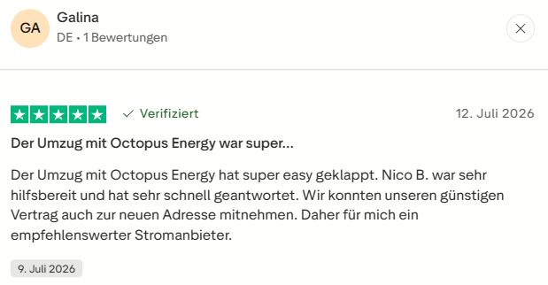 Bewertung von Galina, in der sie Octopus Energy für einen reibungslosen Wechsel und den hilfsbereiten Service lobt und das Unternehmen als zuverlässigen Stromanbieter empfiehlt.