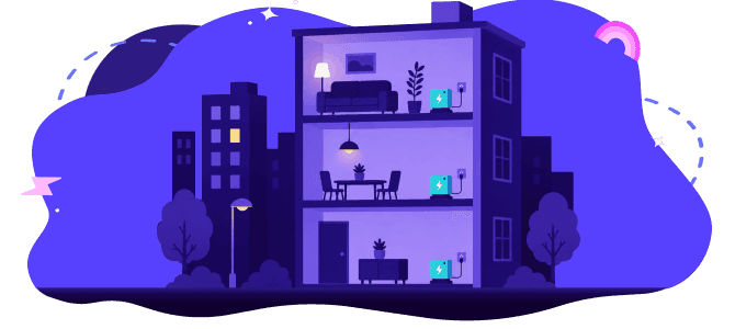 A three-story building with lit windows and simple furniture, set against a purple cityscape background with trees and stars.