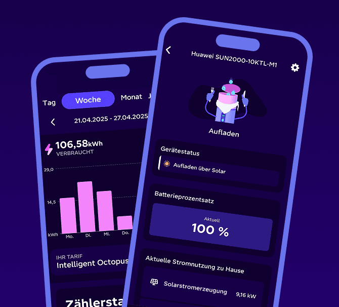 Intelligent Octopus App Demoscreen mit Verbrauchs- und Geräteansicht