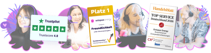 Collage lächelnder Kundenservice-Mitarbeitender mit Auszeichnungen von Trustpilot, Handelsblatt und German Customer Awards.