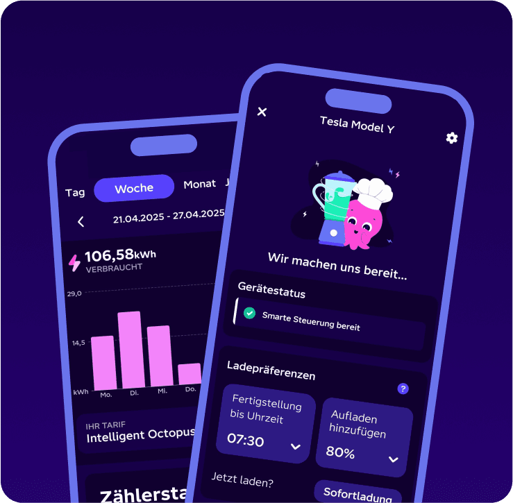 Intelligent Octopus Appscreen mit Verbrauch und Gerätestatus Auswahl