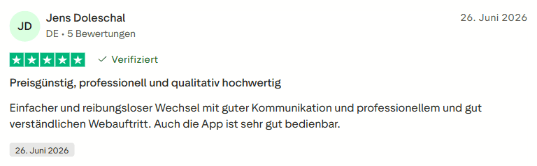 Eine Bewertung von Jens Doleschal mit fünf Sternen, in der er die Erschwinglichkeit, die Professionalität, die Qualität sowie die benutzerfreundliche Kommunikation und die App lobt. Datiert auf den 26. Juni 2026.